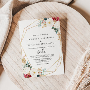 Geometric Classic Gold Burgundy White Floral Boda Invitation