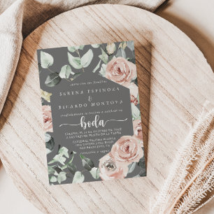 Geometric Classic Pink Rose Floral Grey Boda  Invitation