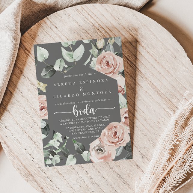 Geometric Classic Pink Rose Floral Grey Boda  Invitation (Creator Uploaded)