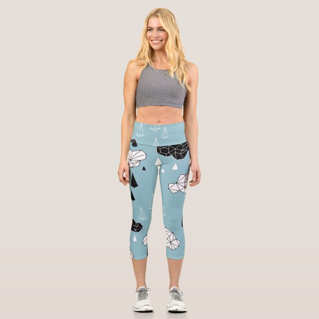 Geometric clouds and rain, seamless pattern. capri leggings (Front)