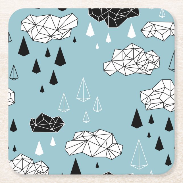 Geometric clouds and rain, seamless pattern. square paper coaster (Front)