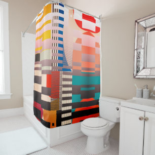  Geometric Color‑Blocked Motif Modern Shower Curtain