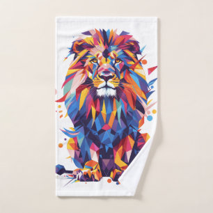 Geometric colorful lion design hand towel