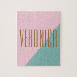 Geometric Colour Block Pink Teal Personalised Name Jigsaw Puzzle<br><div class="desc">Pretty Modern Abstract Geometric Colour Block Personalised Name jigsaw puzzle</div>