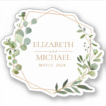 Geometric Copper Eucalyptus Wedding Date Sticker<br><div class="desc">This great sticker is cut out around the design,  which features your names and wedding date inside a faux copper foil geometric,  decorated with eucalyptus. Copyright Elegant Invites,  all rights reserved.</div>