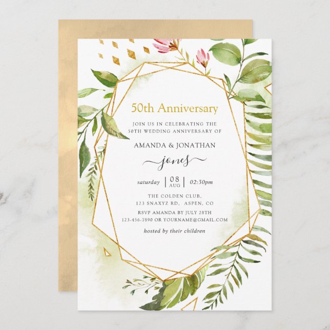 Geometric Crystal Golden 50th Wedding Anniversary Invitation (Front/Back)