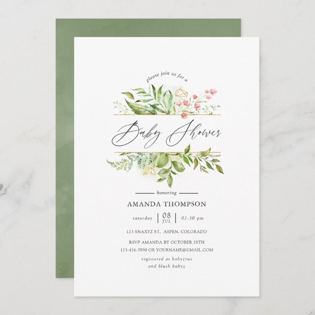 Geometric Crystal Greenery Baby Shower Invitation (Front/Back)