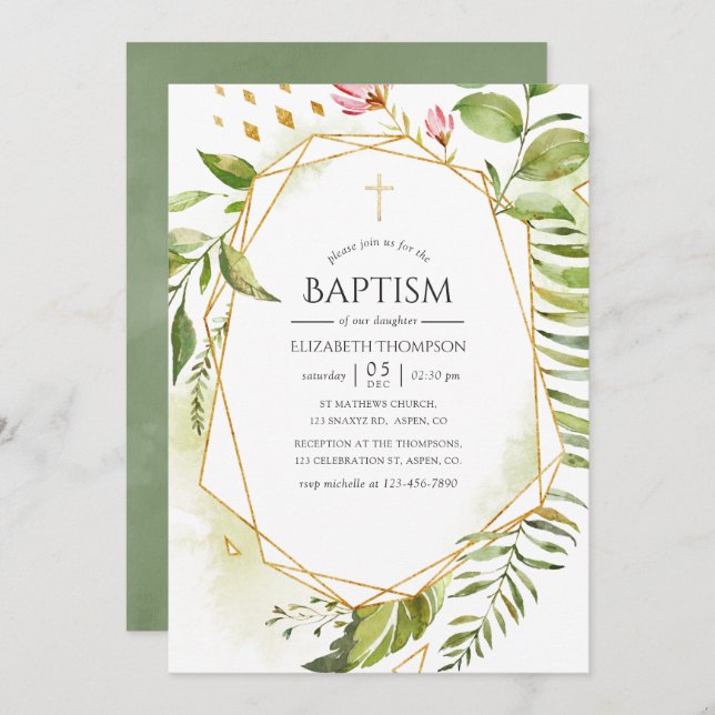 Geometric Crystal Greenery Baptism Invitation (Front/Back)