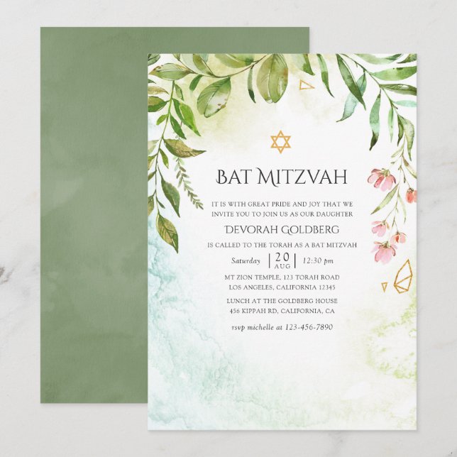 Geometric Crystal Greenery Bat Mitzvah Invitation (Front/Back)