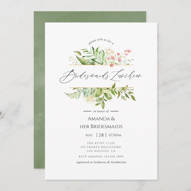 Geometric Crystal Greenery Bridesmaids Luncheon Invitation (Front/Back)