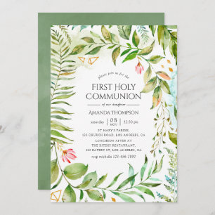 Geometric Crystal Greenery First Holy Communion Invitation