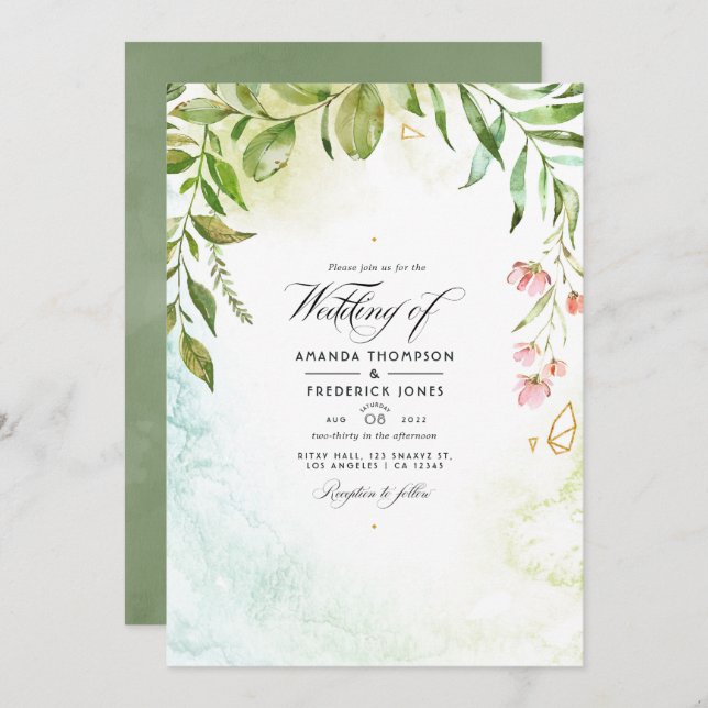 Geometric Crystal Greenery Garden Wedding Invitation (Front/Back)
