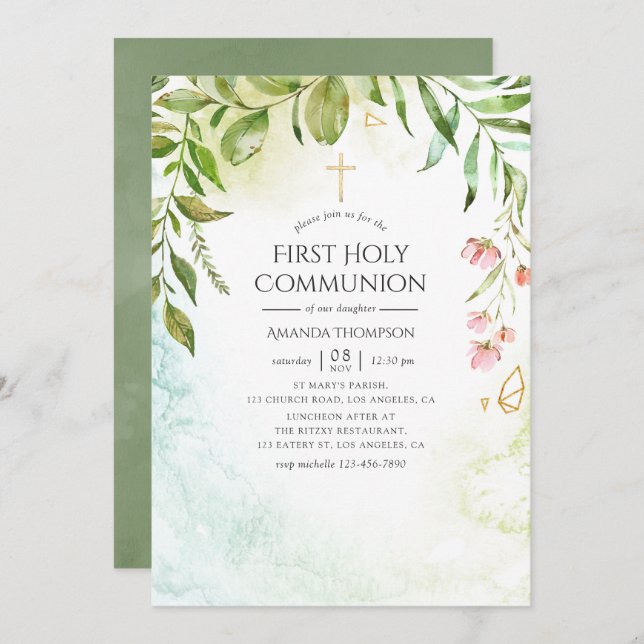 Geometric Crystal Greenery Holy Communion Invitation (Front/Back)