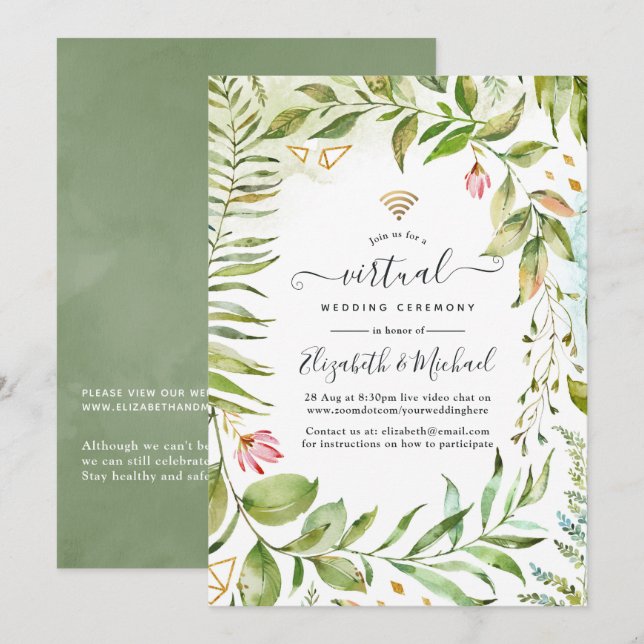 Geometric Crystal Greenery Online Virtual Wedding Invitation (Front/Back)