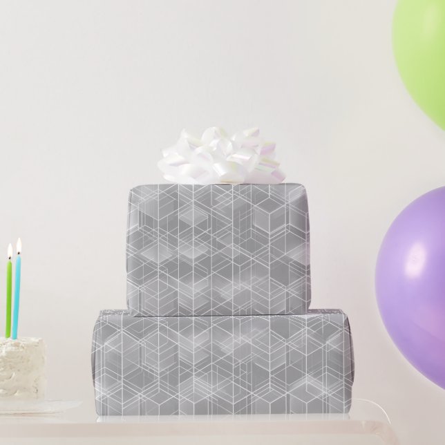 Geometric Cube Grey Silver Abstract Pattern Wrapping Paper (Party Gifts)