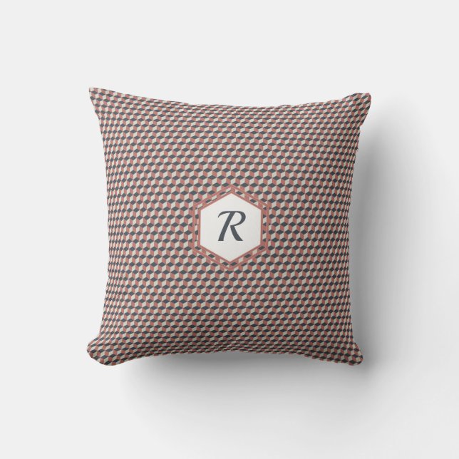 Geometric Cube Pattern in Coral, Blue & Cream Cushion (Front)