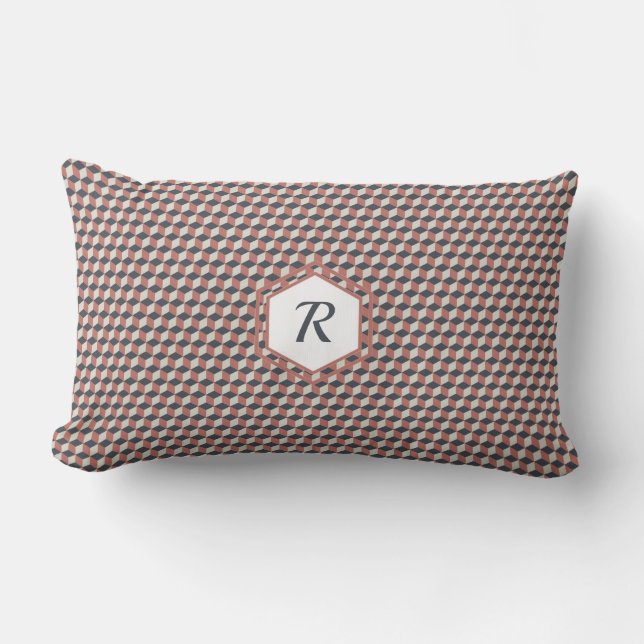 Geometric Cube Pattern in Coral, Blue & Cream Lumbar Cushion (Front)