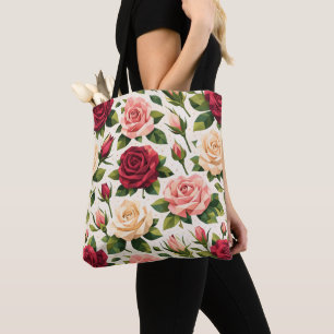Geometric Cute Rose Pattern Pink Red Peach Floral Tote Bag