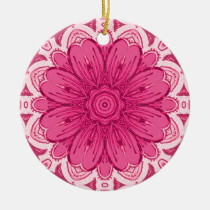 Geometric Daisy Pattern in Coral and Pastel Pink Ceramic Ornament