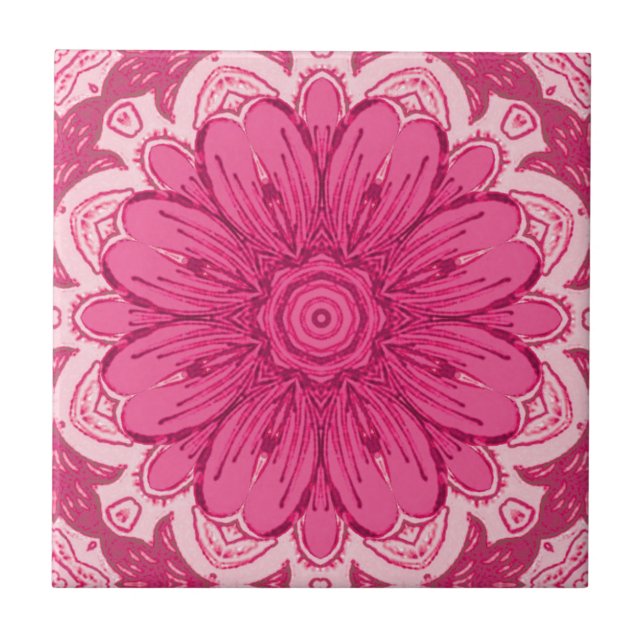 Geometric Daisy Pattern in Coral and Pastel Pink  Ceramic Tile (Front)