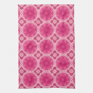 Geometric Daisy Pattern in Coral and Pastel Pink   Tea Towel
