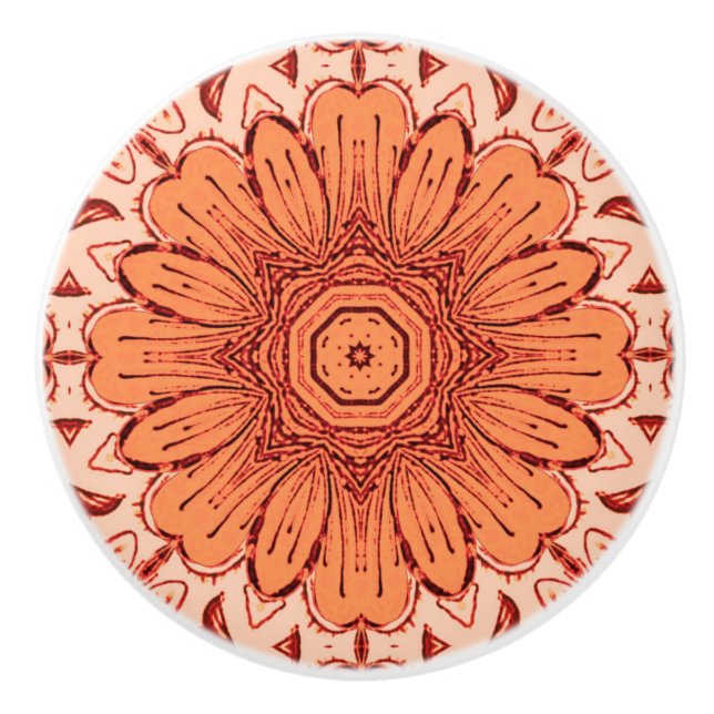 Geometric Daisy Pattern in Mandarin Orange  Ceramic Knob (Front)