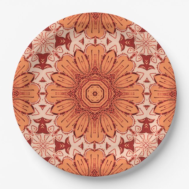 Geometric Daisy Pattern in Mandarin Orange  Paper Plate (Front)
