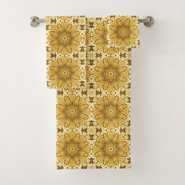 Geometric Daisy Pattern in Mustard Gold Bath Towel Set (Insitu)