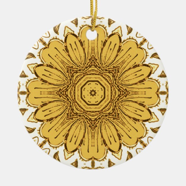 Geometric Daisy Pattern in Mustard Gold Ceramic Ornament (Front)