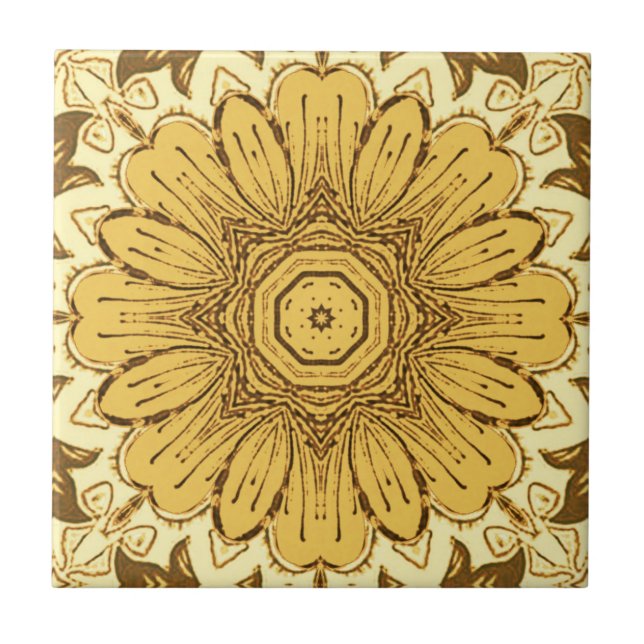 Geometric Daisy Pattern in Mustard Gold  Ceramic Tile (Front)