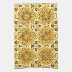 Geometric Daisy Pattern in Mustard Gold Kitchen T Tea Towel