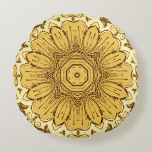 Geometric Daisy Pattern in Mustard Gold Round Cushion