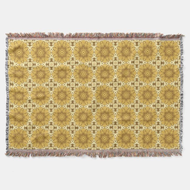 Geometric Daisy Pattern in Mustard Gold Throw Blanket (Front)