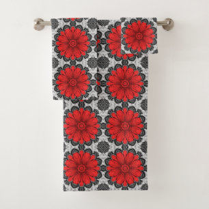 Geometric Daisy Pattern in Red Black & White  Bath Towel Set