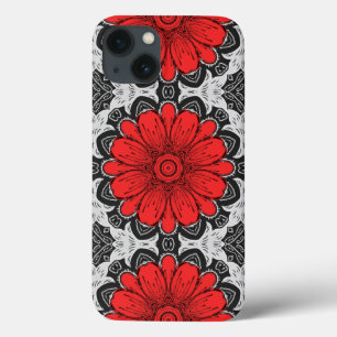 Geometric Daisy Pattern in Red Black & White    iPhone 13 Case