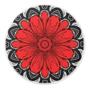 Geometric Daisy Pattern in Red Black & White Ceramic Knob