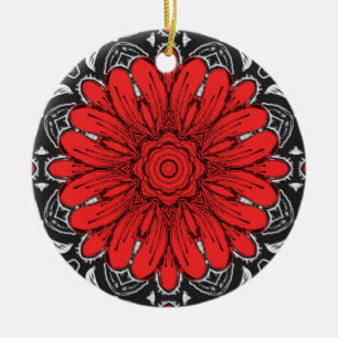Geometric Daisy Pattern in Red Black & White Ceramic Ornament