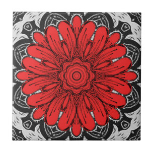 Geometric Daisy Pattern in Red Black & White    Ceramic Tile