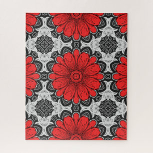 Geometric Daisy Pattern in Red Black & White  Jigsaw Puzzle