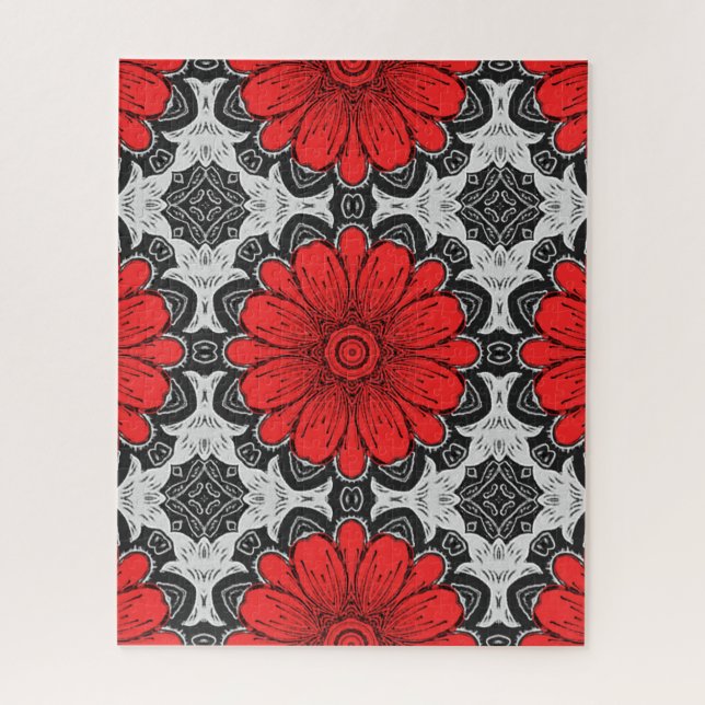 Geometric Daisy Pattern in Red Black & White  Jigsaw Puzzle (Vertical)