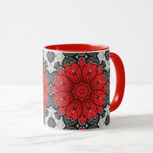 Geometric Daisy Pattern in Red Black & White Mug