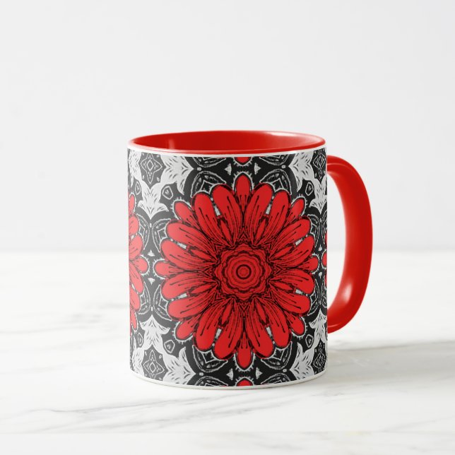Geometric Daisy Pattern in Red Black & White Mug (Front Right)