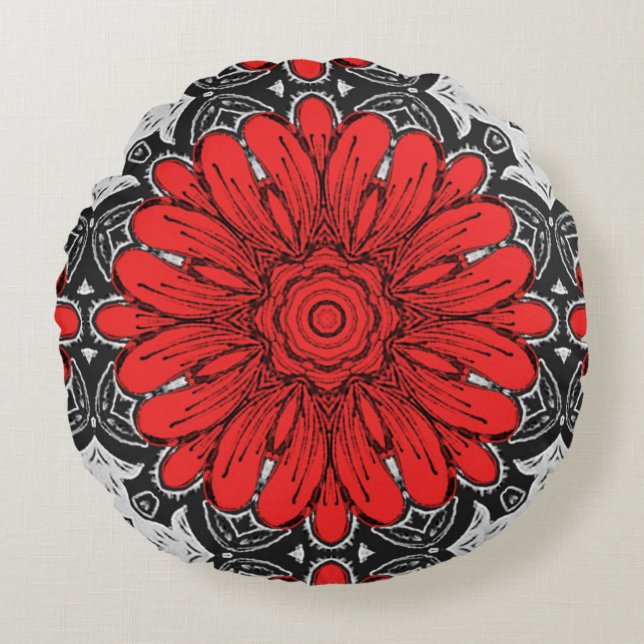 Geometric Daisy Pattern in Red Black & White Round Cushion (Front)