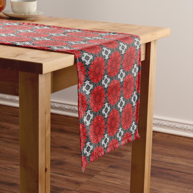 Geometric Daisy Pattern in Red Black & White    Short Table Runner (In Situ)
