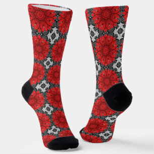 Geometric Daisy Pattern in Red Black & White Socks