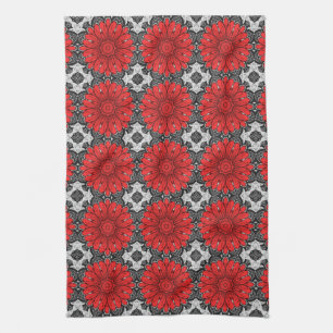 Geometric Daisy Pattern in Red Black & White Tea Towel
