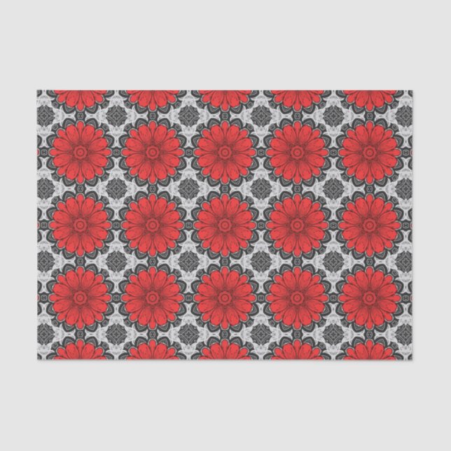 Geometric Daisy Pattern in Red Black & White    Tissue Paper (Front)