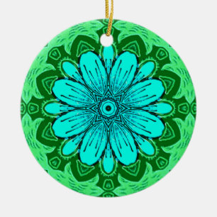 Geometric Daisy Pattern in Turquoise and Green   Ceramic Ornament