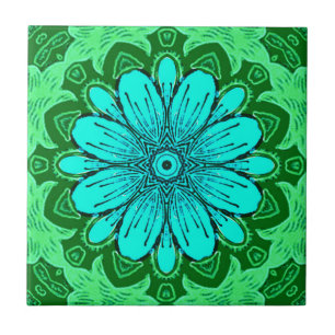 Geometric Daisy Pattern in Turquoise and Green   Ceramic Tile