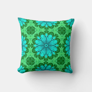 Geometric Daisy Pattern in Turquoise and Green Cushion